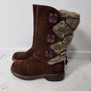 Dansko Fyodora Size 8.5  Brown Suite Fur Trim Aztec Embroidery Pull-On Boots